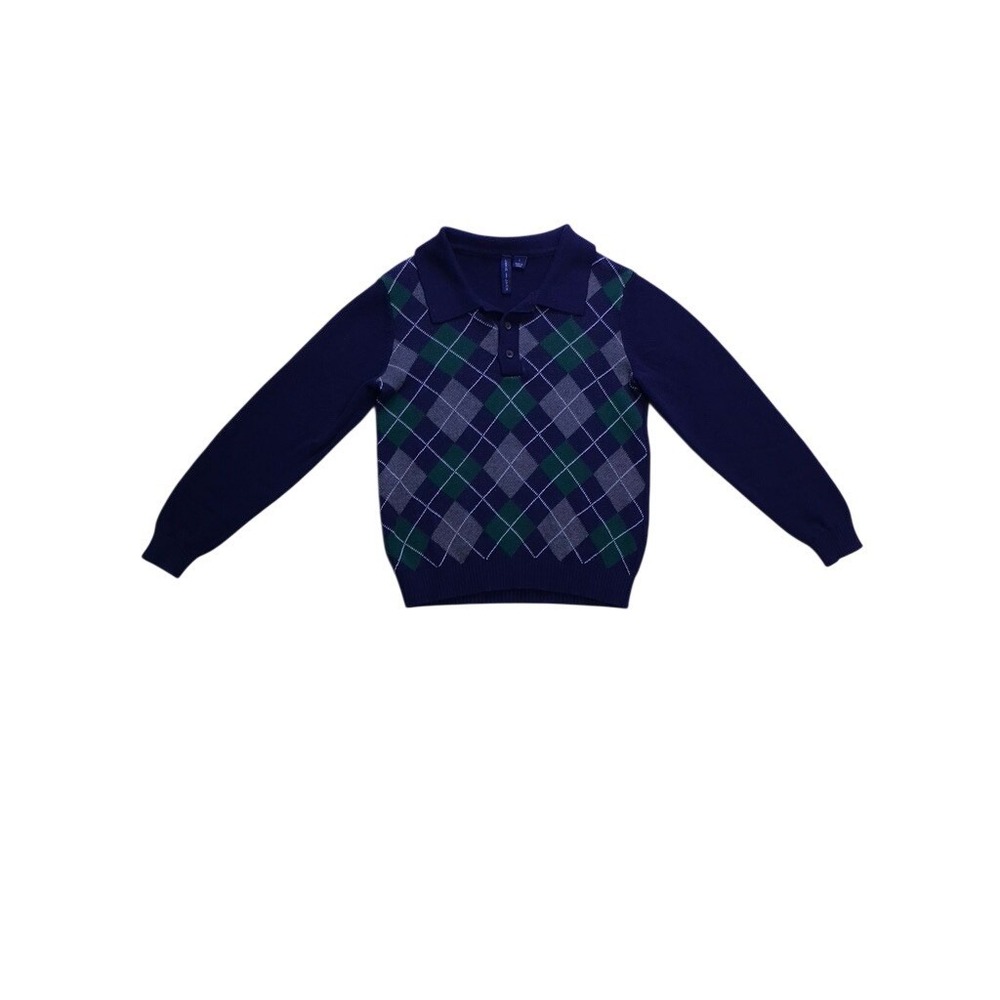 Janie and Jack Argyle Sweater Kids Size 5 Navy Blue Excellent Polo Neck Knit